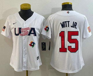 Women's USA Baseball #15 Bobby Witt Jr 2023 White World Classic Replica Stitched Jersey,We sell and wholesale Women's USA Baseball #15 Bobby Witt Jr 2023 White World Classic Replica Stitched Jersey on line form chian!